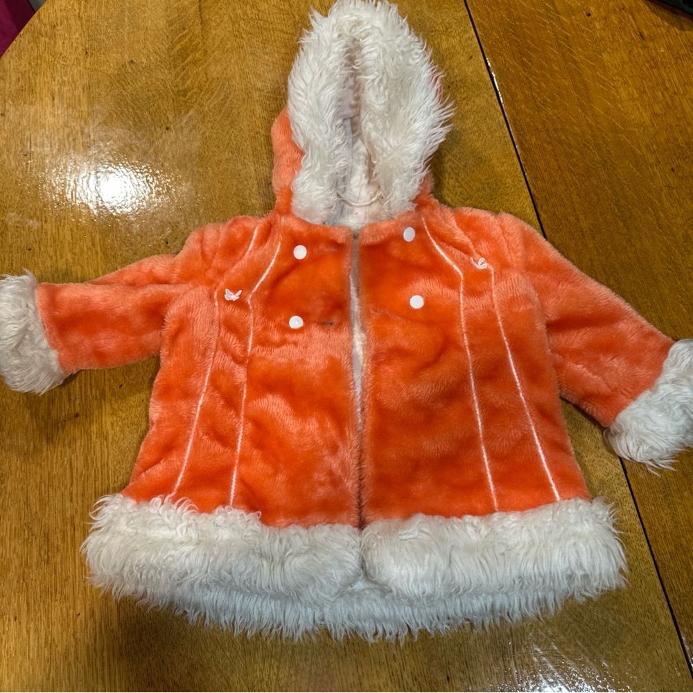 Orange Faux Fur Coat with White Trim